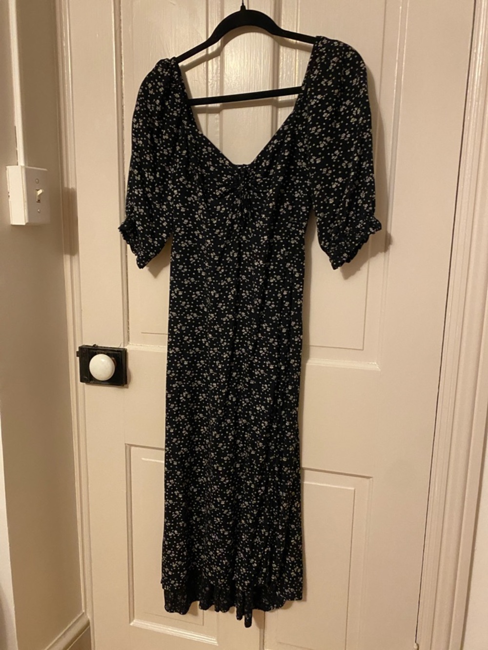 Black Floral Midi Dress with Puff Sleeves